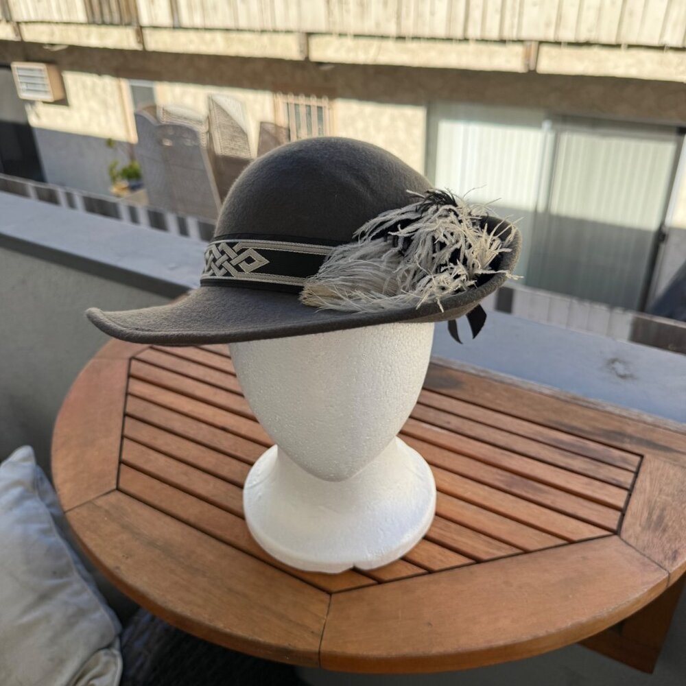 Vintage Bavarian Gray Wool Hat With Feather & Ribbon Accent For Men Or Women